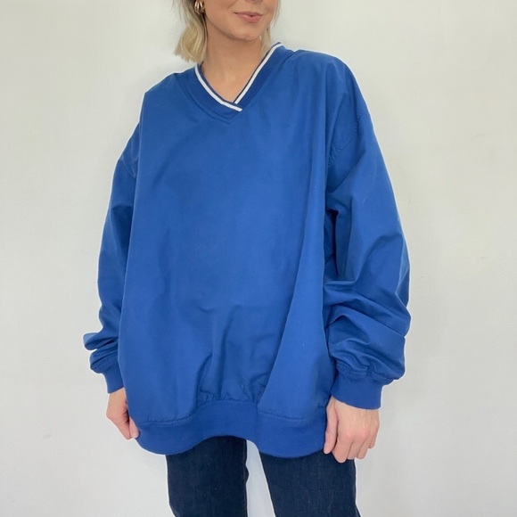 90s Cobalt Blue V-Neck Preppy Oversized Windbreaker Varsity Pull Over Jacket - Picture 1 of 5